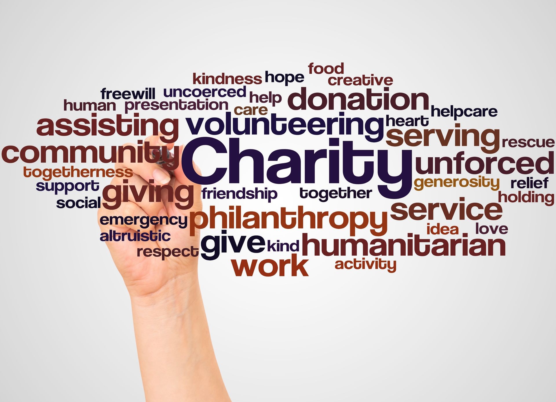 Charity word cloud and hand with marker concept on white background.